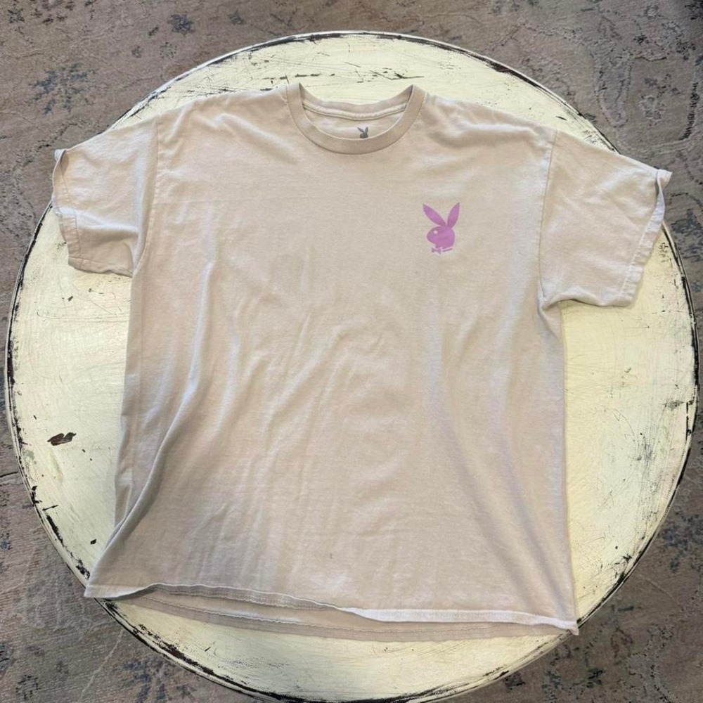 Playboy Graphic T-Shirt‎ Mens XL Tan Purple Bunny Logo Stacked Back Print Tee